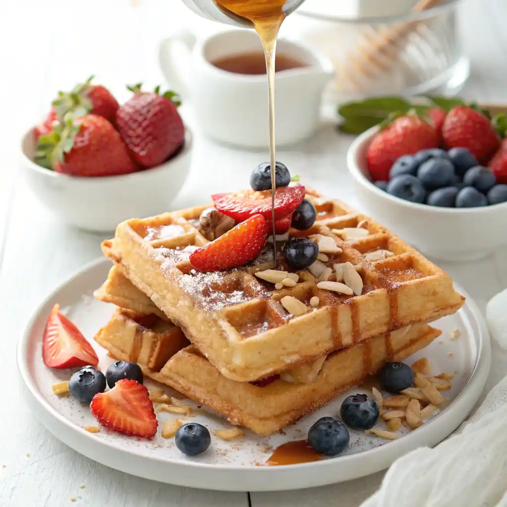 Crispy golden gluten-free coconut flour waffles topped with berries and maple syrup
