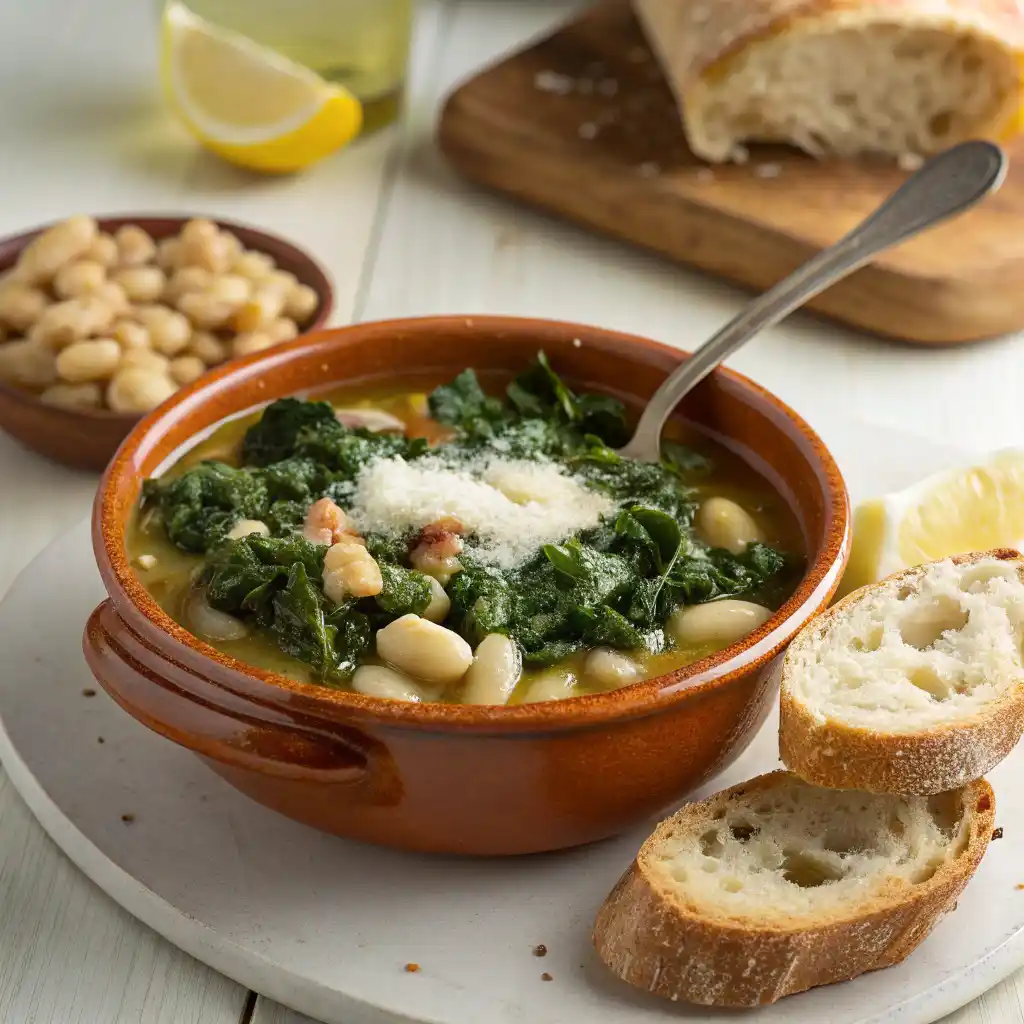 Tuscan white bean kale skillet served in rustic bowl with crusty Italian bread for dipping - cozy vegetarian comfort food meal