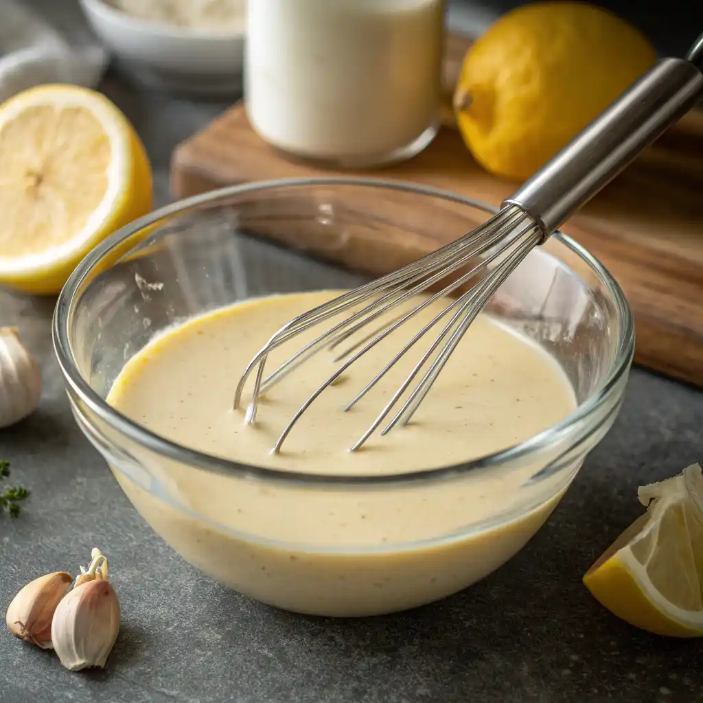 Creamy lemon tahini dressing being whisked in a glass bowl showing smooth pourable consistency with lemon halves and garlic nearby