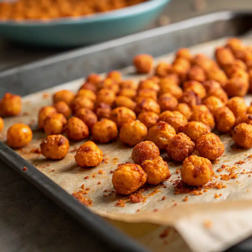 Crispy golden roasted chickpeas seasoned with smoked paprika on a baking tray, crunchy and flavorful