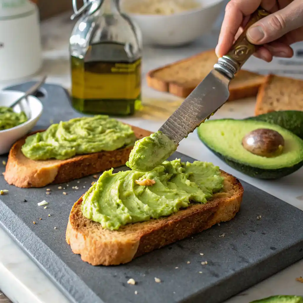 Spreading creamy mashed avocado onto crispy toasted bread with a knife for perfect avocado toast