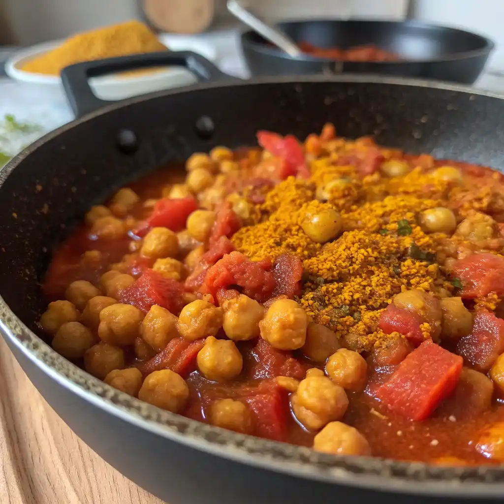 Chickpeas and diced tomatoes with spices simmering in skillet creating rich curry base for easy vegan recipe