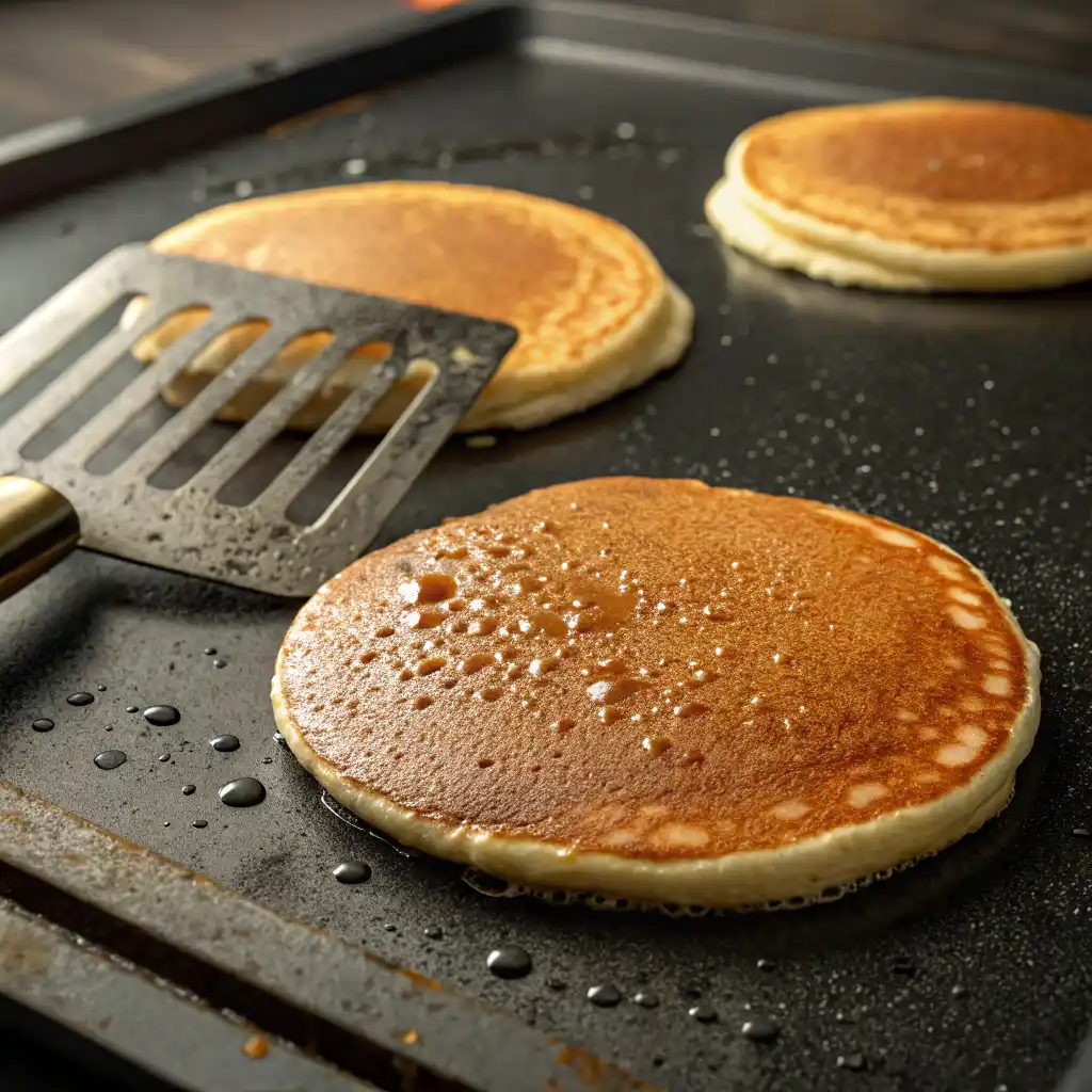 Healthy whole wheat pancakes cooking on griddle with bubbles forming on surface, showing perfect time to flip