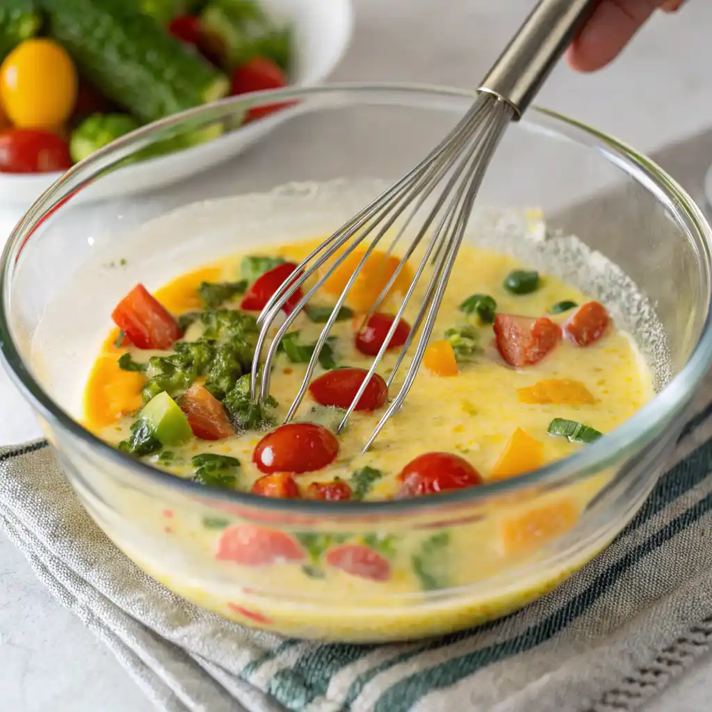 Sautéed vegetables and cheese being folded into egg mixture in a bowl for egg muffins