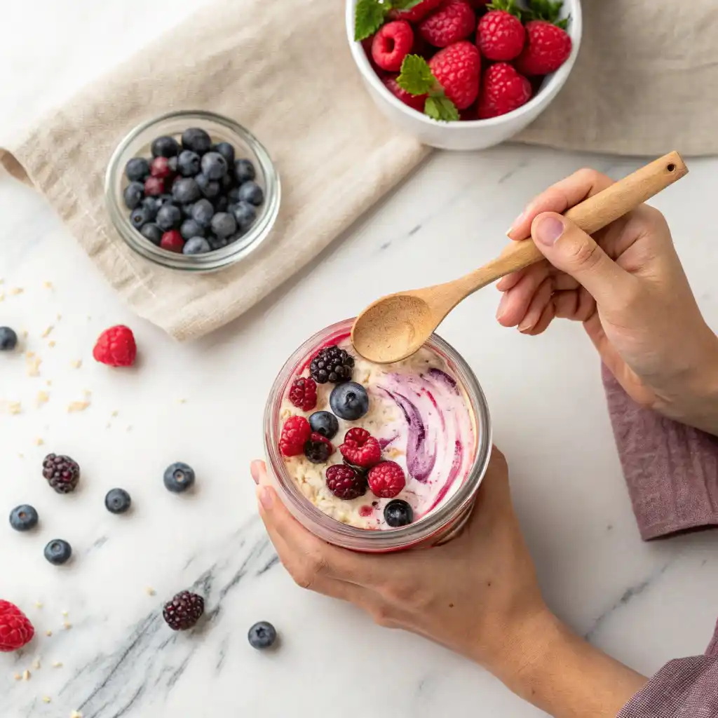 Adding fresh mixed berries to overnight oats mixture in jar