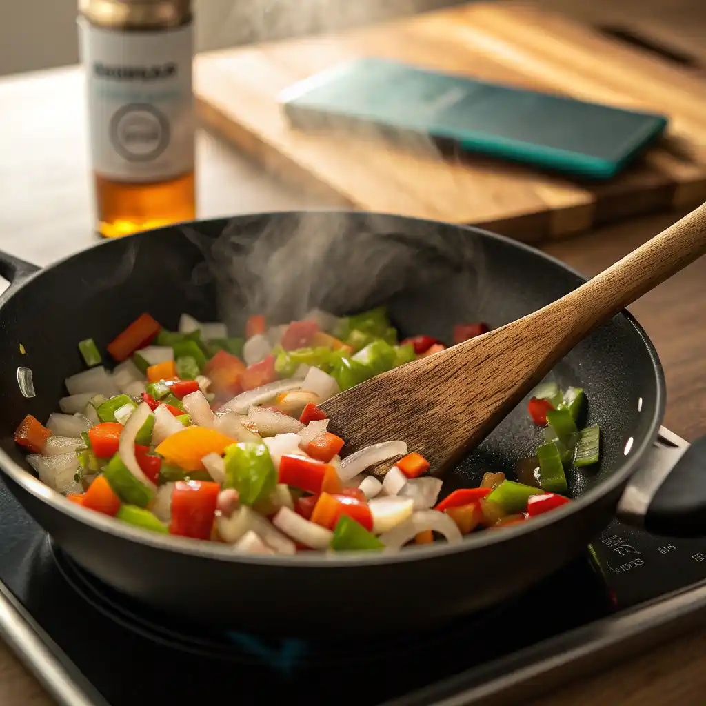 Sautéing vegetables in skillet for protein-rich egg scramble