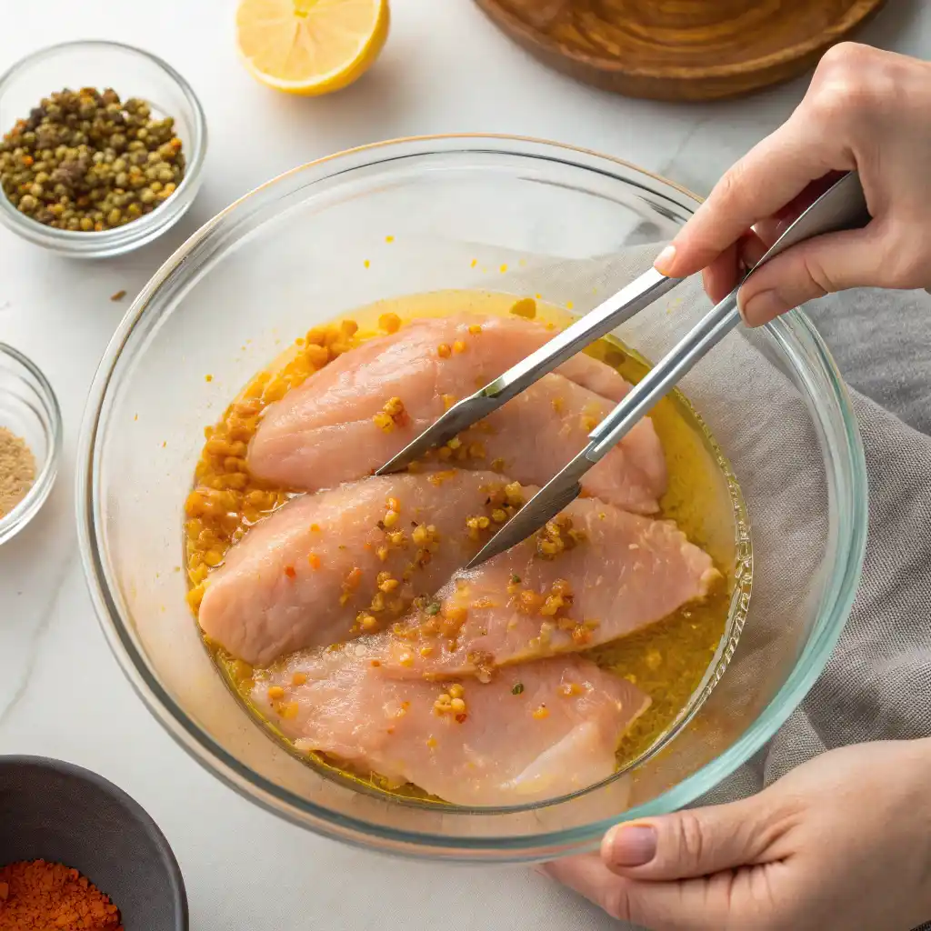 Marinating chicken breasts in citrus marinade for gluten-free recipe