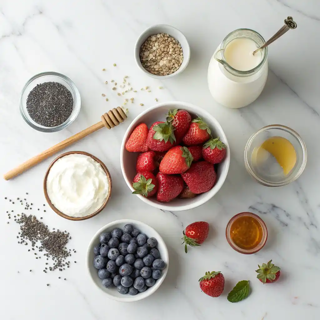 Berry smoothie ingredients including frozen strawberries, blueberries, Greek yogurt, and chia seeds
