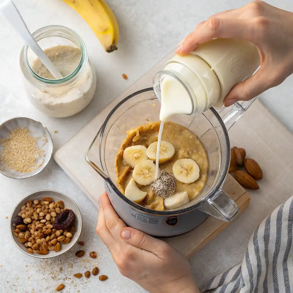 Adding wet ingredients including mashed bananas and almond milk to blender for vegan pancake batter