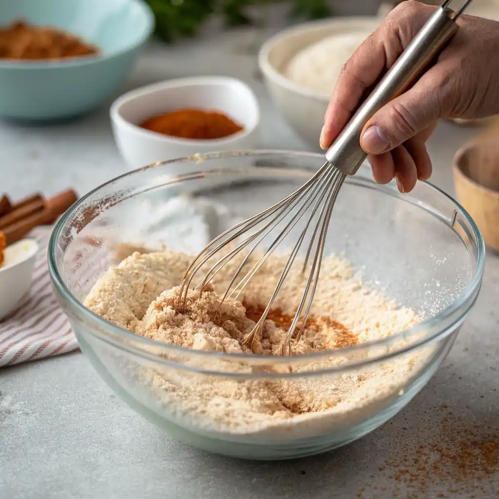 Mixing Dry Ingredients for Coconut Flour Waffles Whisking dry ingredients for coconut flour waffles in a glass bowl