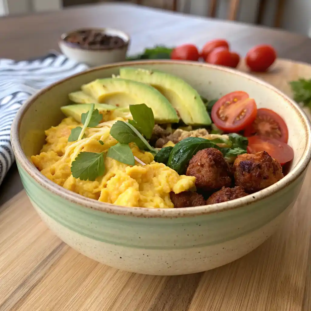 Assembling keto breakfast power bowl with eggs, sausage, avocado, and vegetables