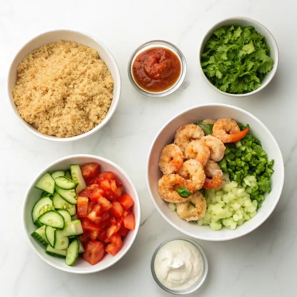 Step by step Greek bowl assembly - quinoa base, fresh vegetables, seared shrimp, feta cheese and tzatziki drizzle - meal prep tutorial