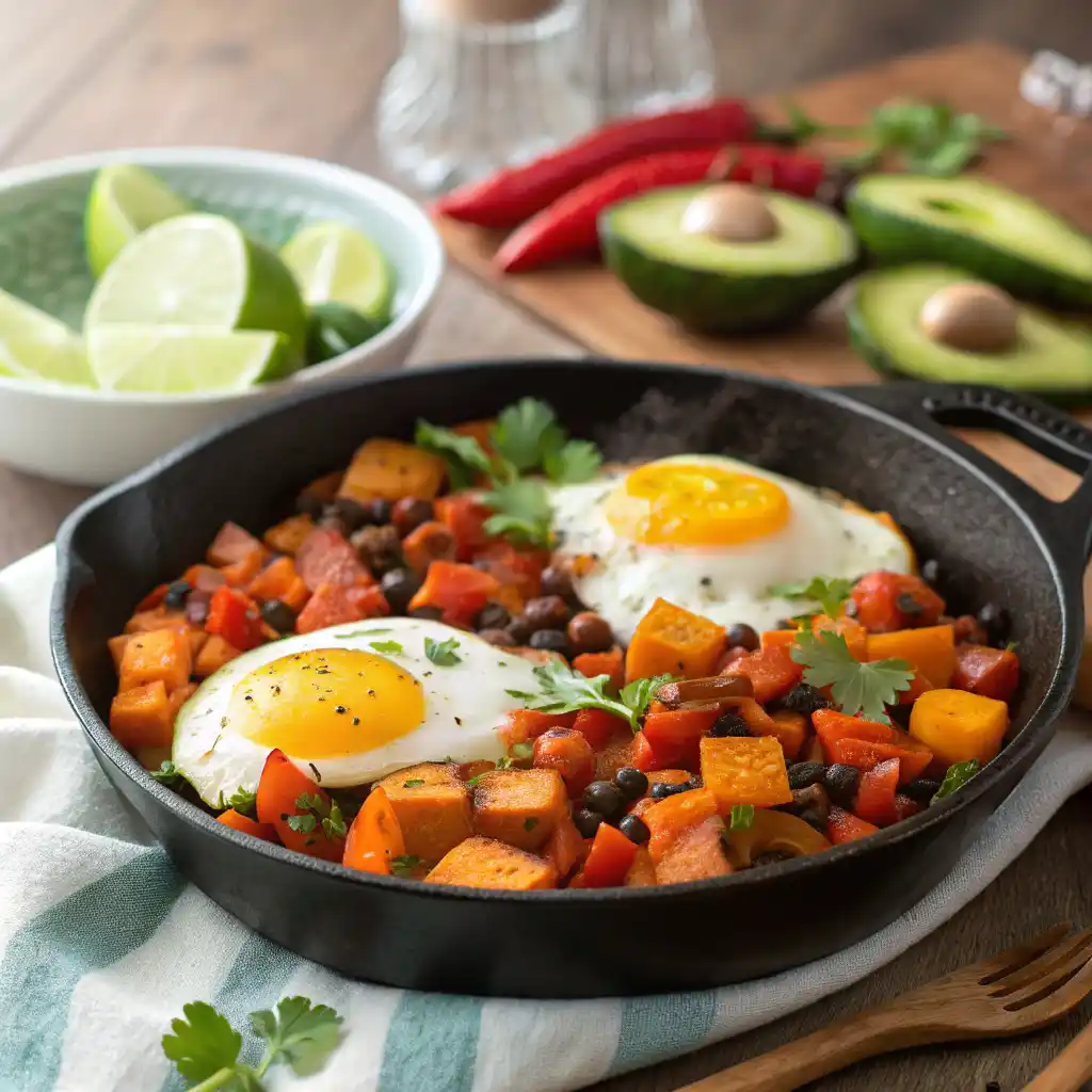 Southwest sweet potato breakfast hash with eggs, black beans and vegetables in cast iron skillet