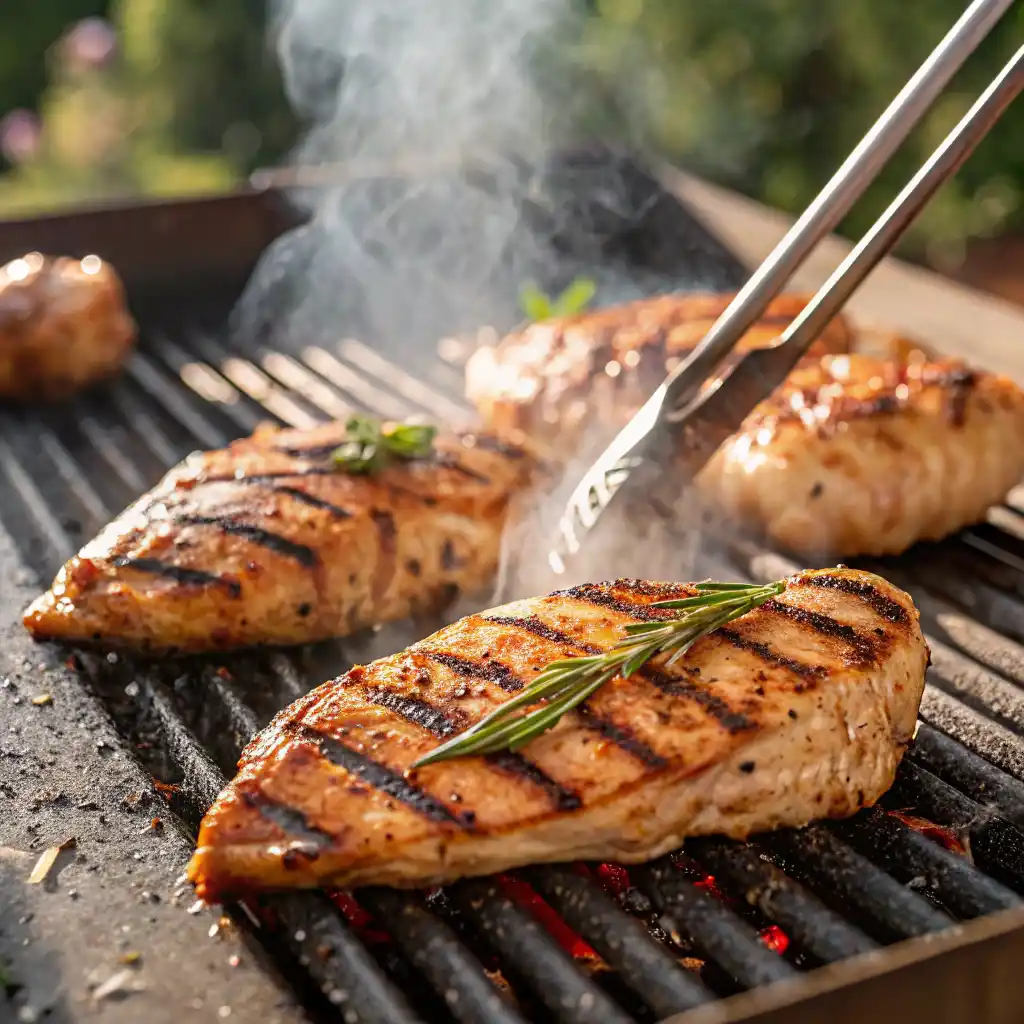 Grilling marinated chicken for easy gluten-free recipe with perfect char marks
