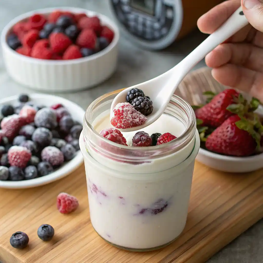 Making berry protein smoothie step by step showing blending process with Greek yogurt and berries