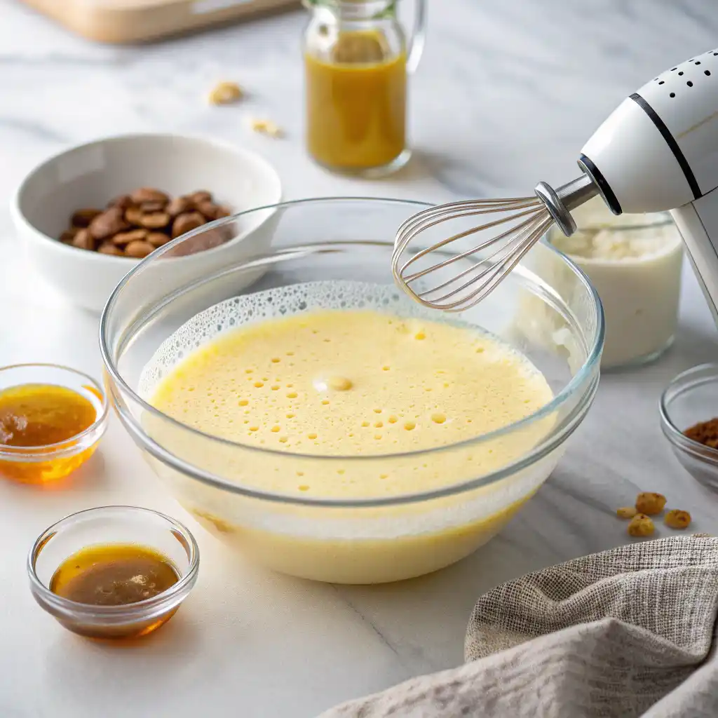 Combining Wet Ingredients - Coconut Flour Waffle Recipe Mixing wet ingredients for coconut flour waffles including beaten eggs and coconut oil