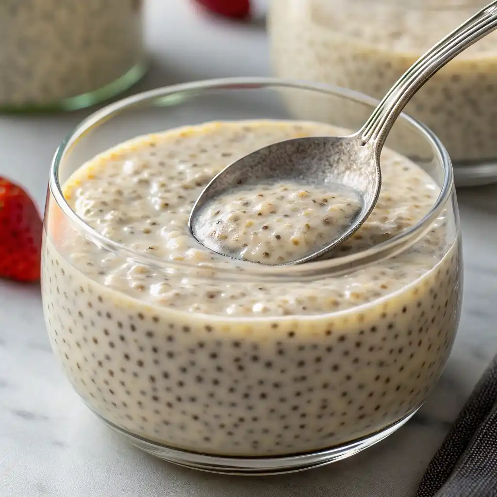 Thick and creamy vanilla chia seed pudding after overnight refrigeration showing perfect pudding texture