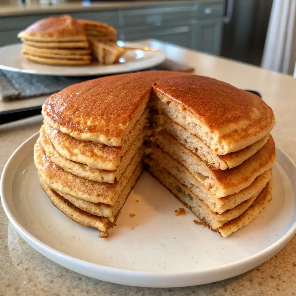 Stack of golden brown healthy whole wheat pancakes on white plate topped with fresh berries, Greek yogurt, and honey drizzle