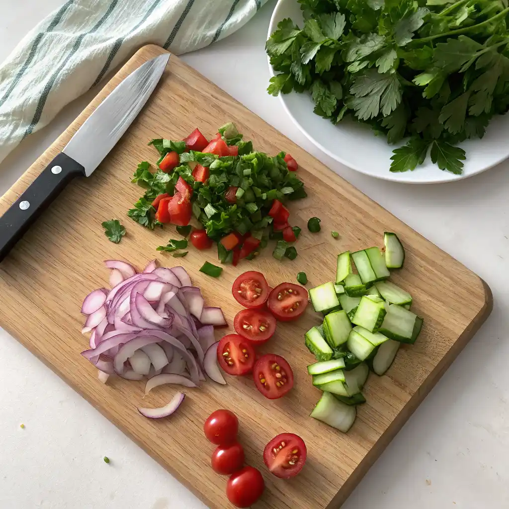 Freshly chopped Mediterranean vegetables on a wooden cutting board including diced cucumber, halved cherry tomatoes, sliced red onions, and fresh parsley and mint