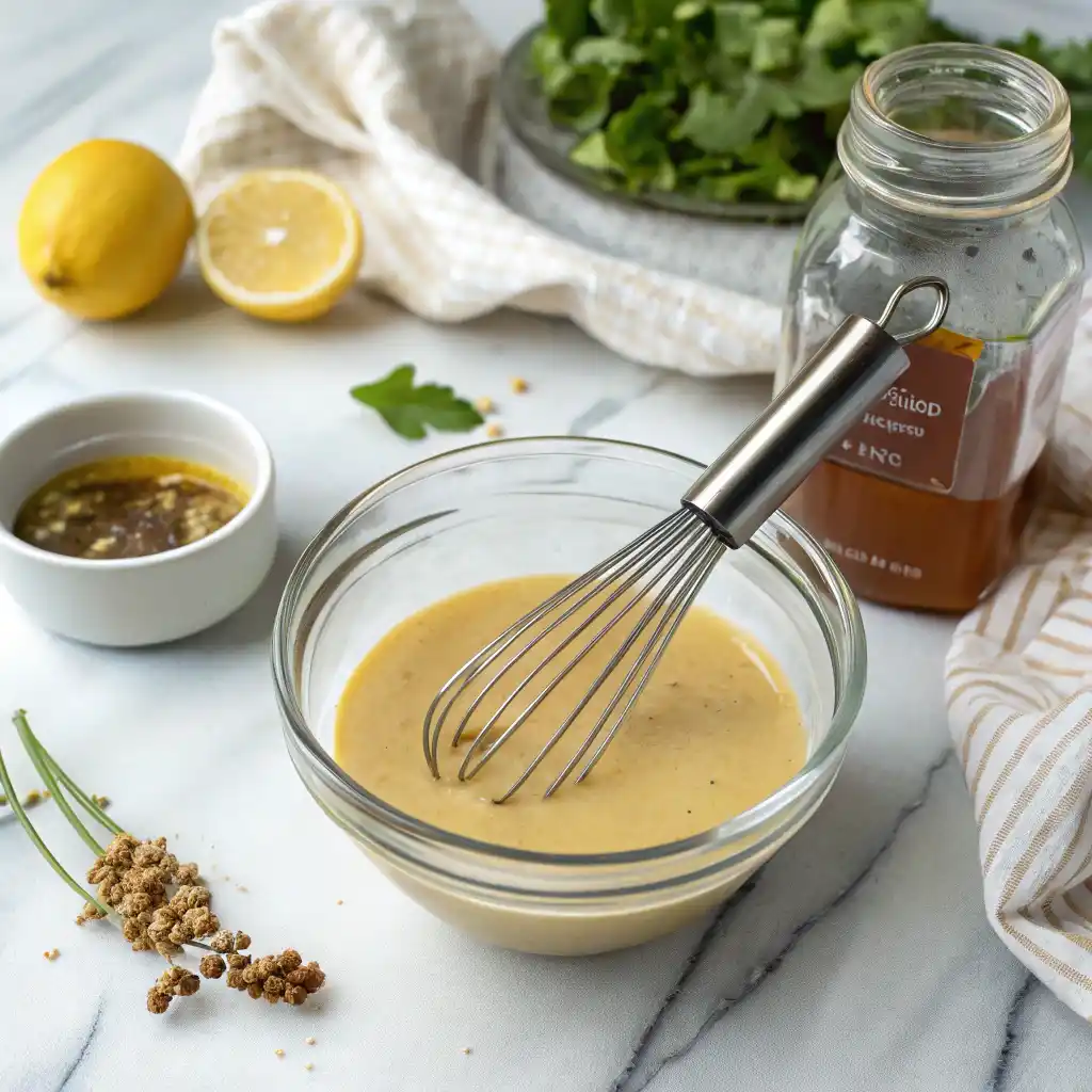Creamy tahini-maple dressing being whisked in a glass bowl, showing smooth golden texture