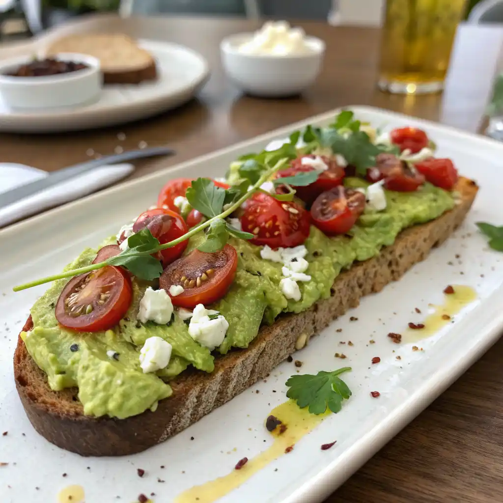 Beautifully plated avocado toast with toppings, olive oil drizzle, and garnish on white plate