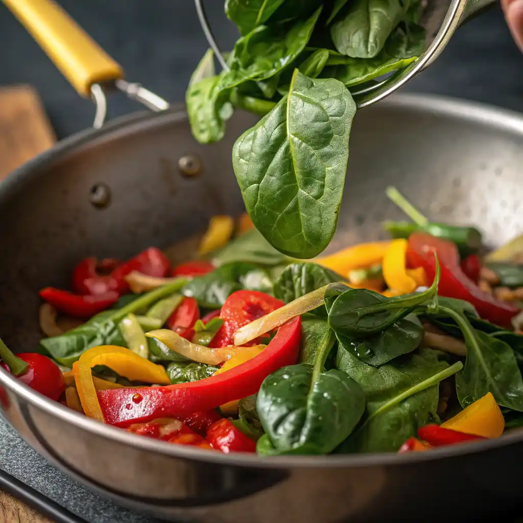 Adding fresh spinach to vegetables in skillet for healthy breakfast