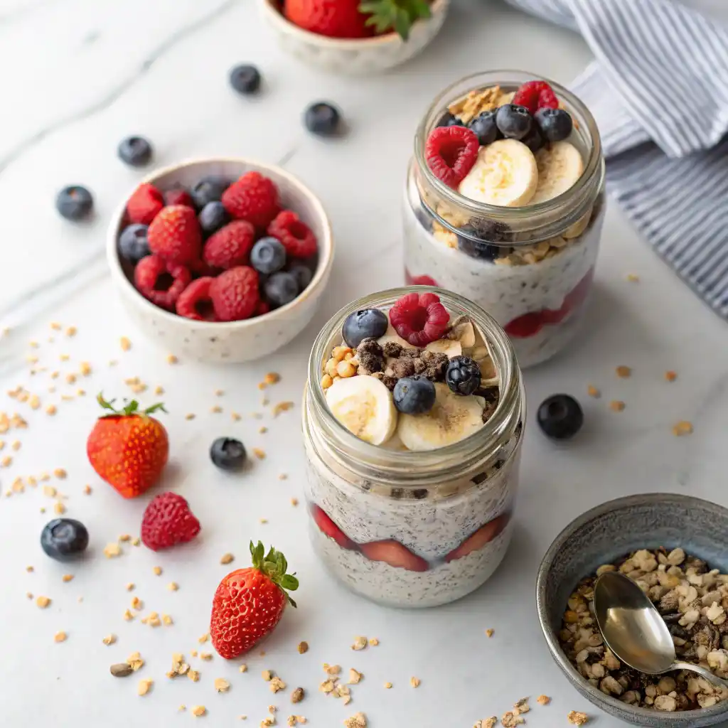Mason jar filled with creamy vanilla chia seed pudding topped with fresh berries and granola
