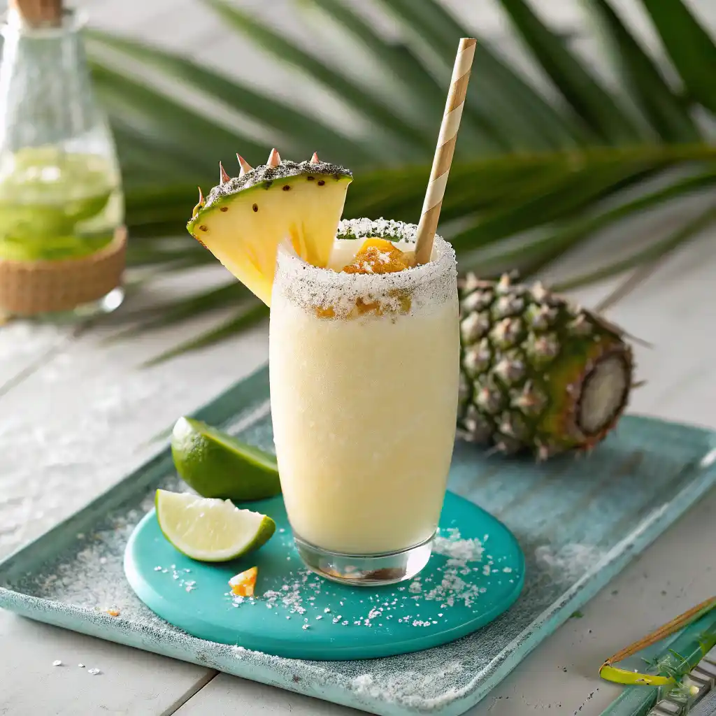 Tropical paradise smoothie with yellow color garnished with pineapple and coconut flakes