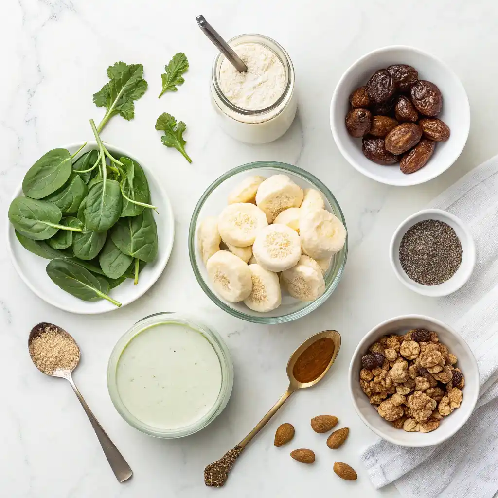 Plant-based smoothie bowl ingredients including frozen bananas, spinach, cauliflower, and coconut milk