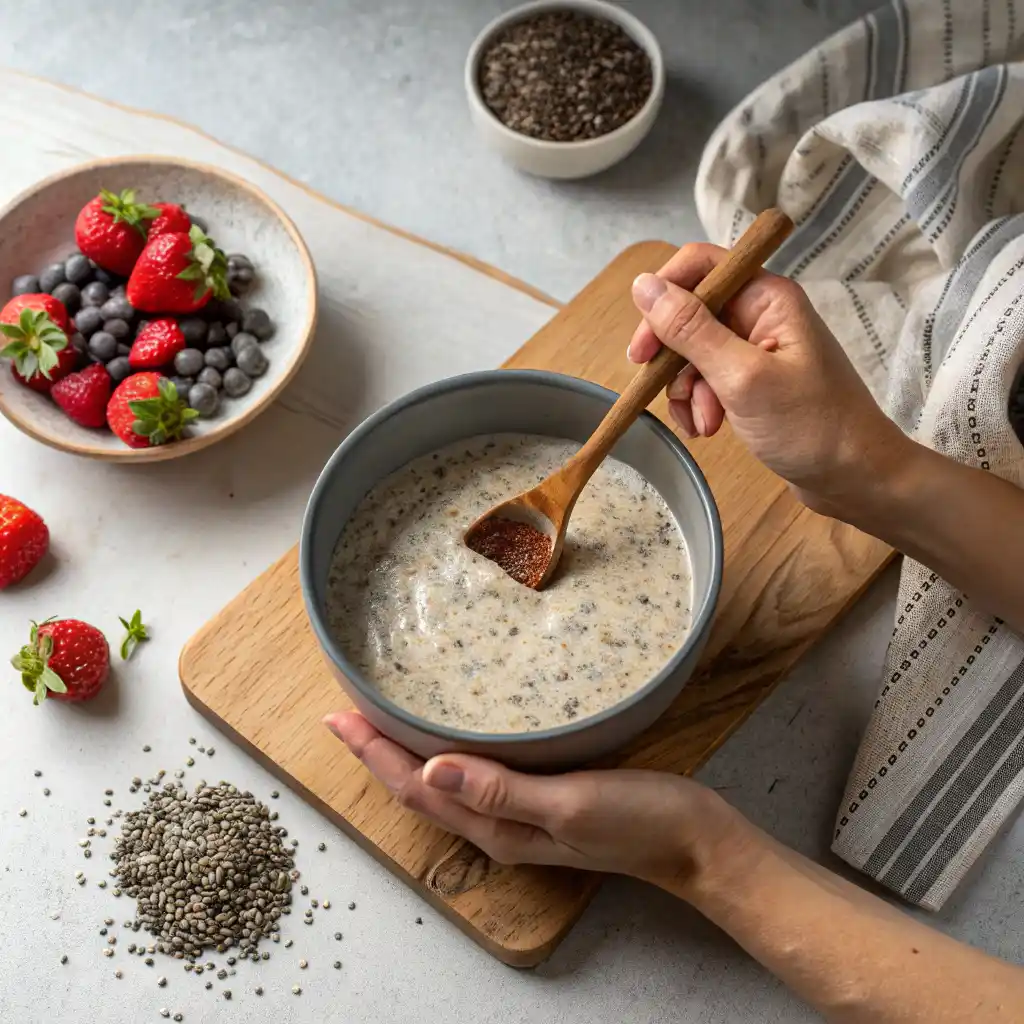 Creamy vanilla chia seed pudding topped with fresh berries, almonds, and coconut flakes in glass jar