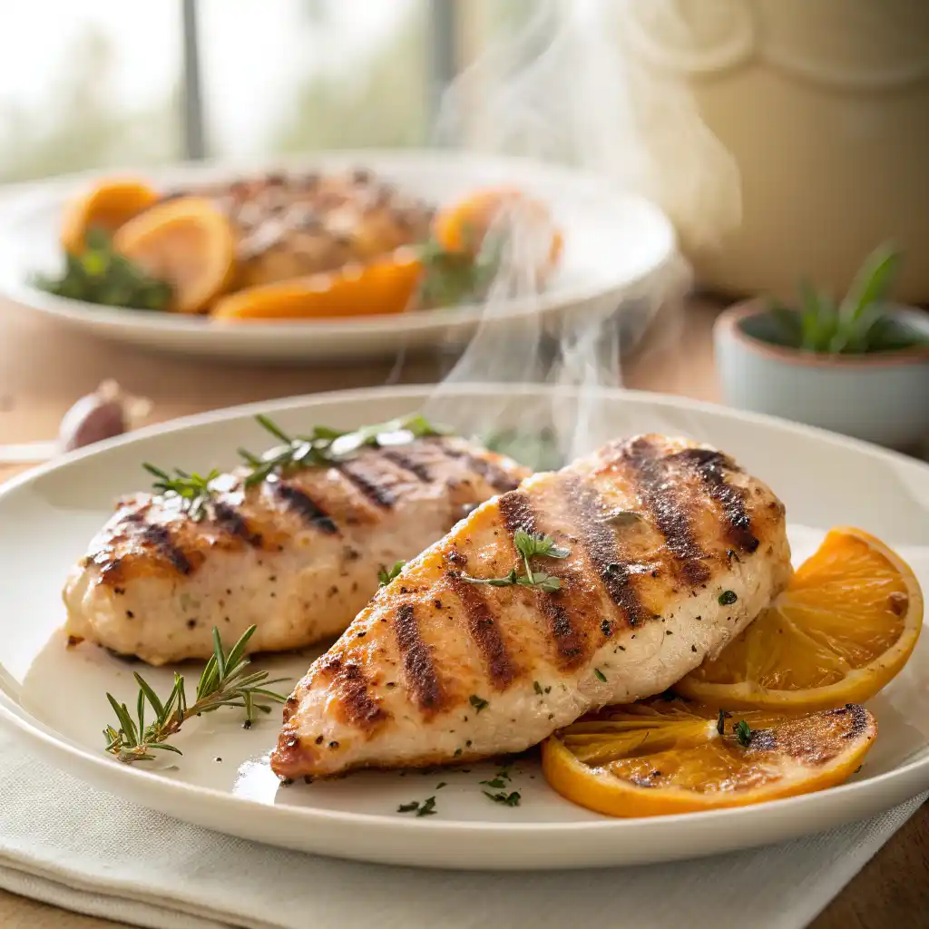 Finished gluten-free citrus chicken resting on plate ready to serve