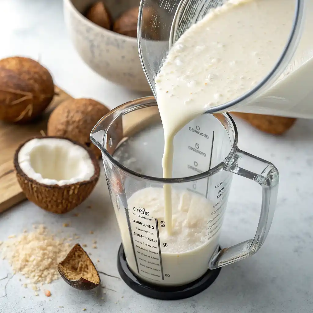 Coconut milk being poured into blender for vegan smoothie bowl base