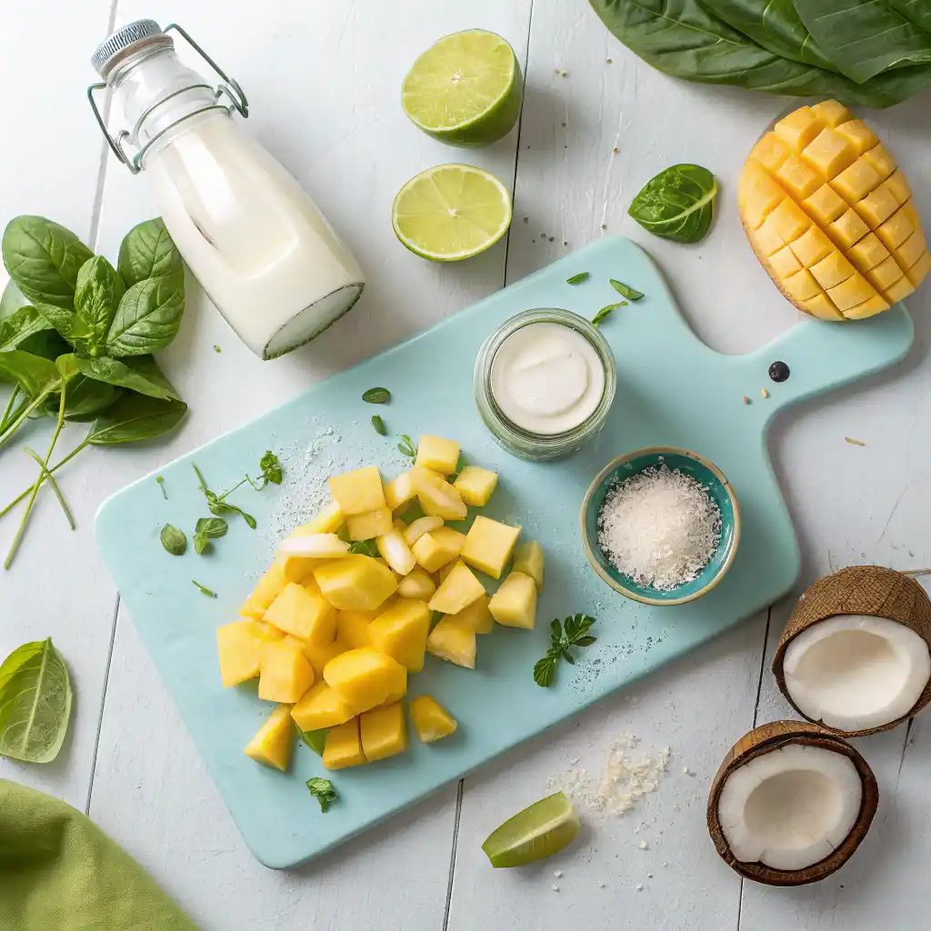 Tropical smoothie ingredients including pineapple, mango, coconut milk, and fresh lime