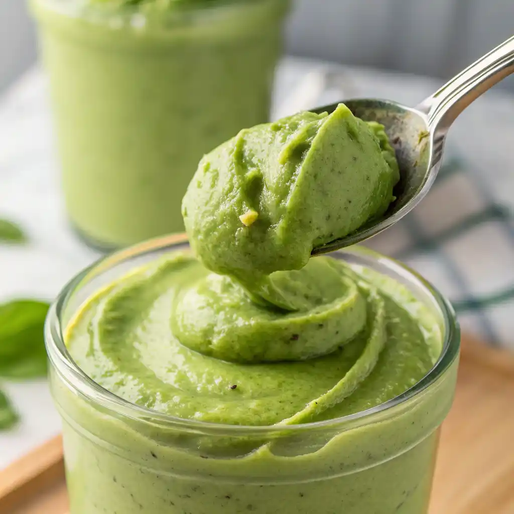 Spoon lifting thick green smoothie showing perfect soft-serve consistency