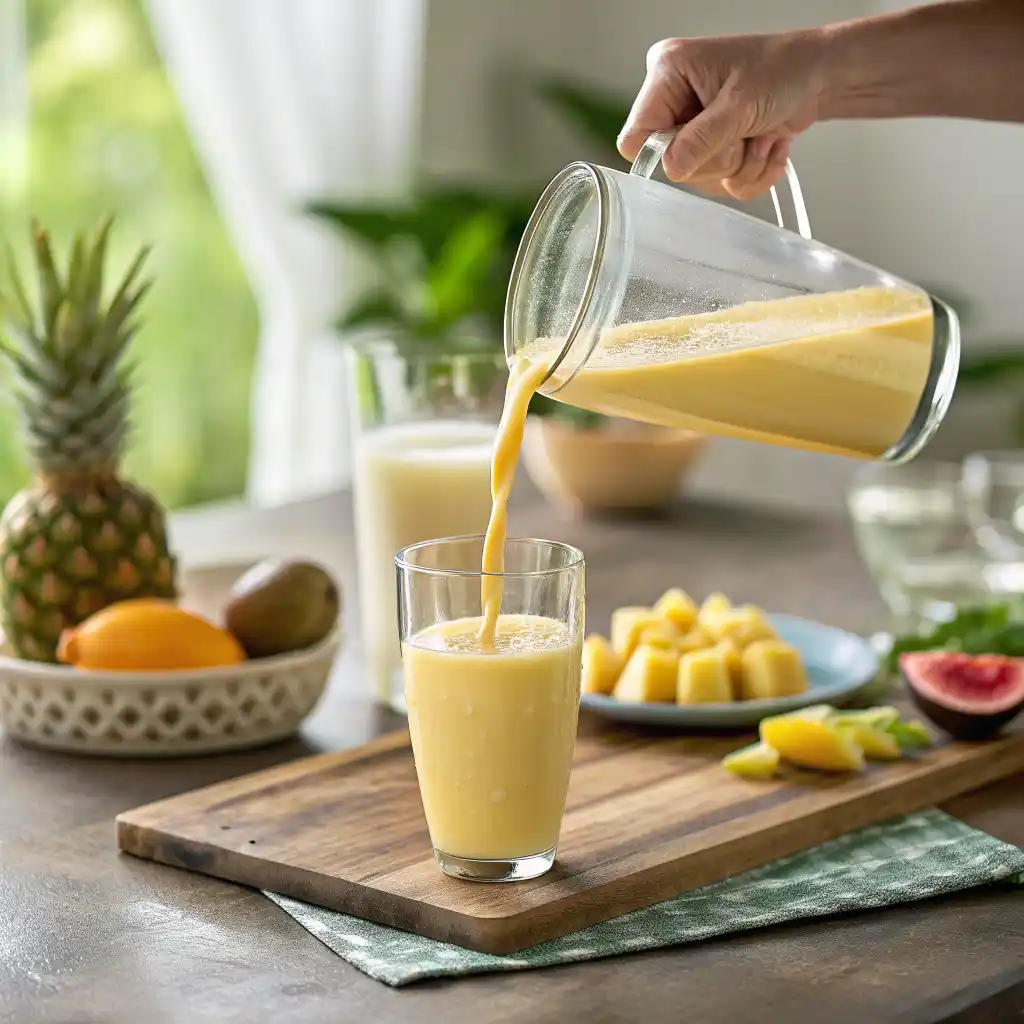Pouring tropical smoothie from blender showing creamy coconut texture