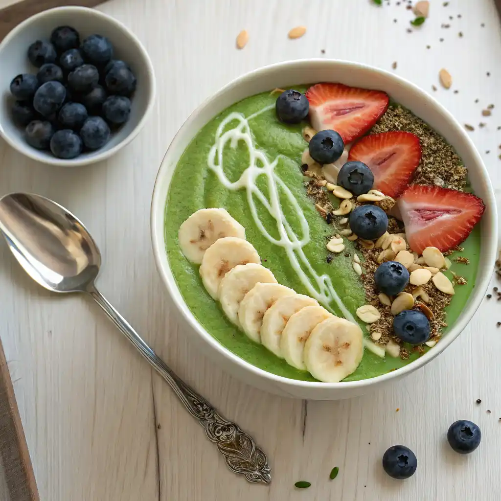 Hands arranging colorful toppings on green vegan smoothie bowl