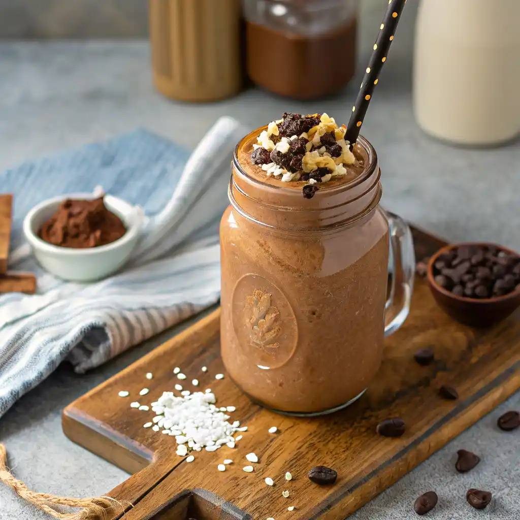 Chocolate peanut butter smoothie in mason jar with rich brown color and peanut butter drizzle