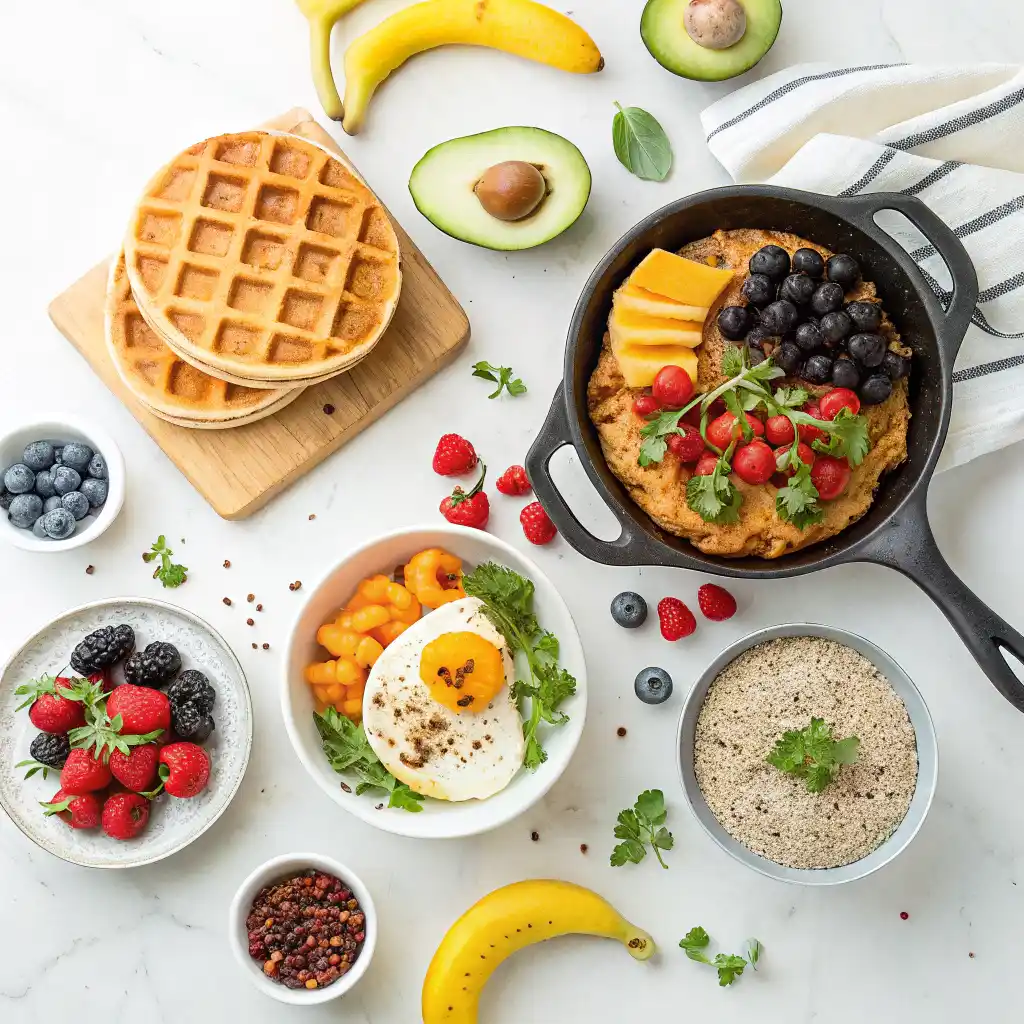 Five gluten-free breakfast recipes displayed on marble table - pancakes, waffles, quinoa bowl, hash, and chia pudding