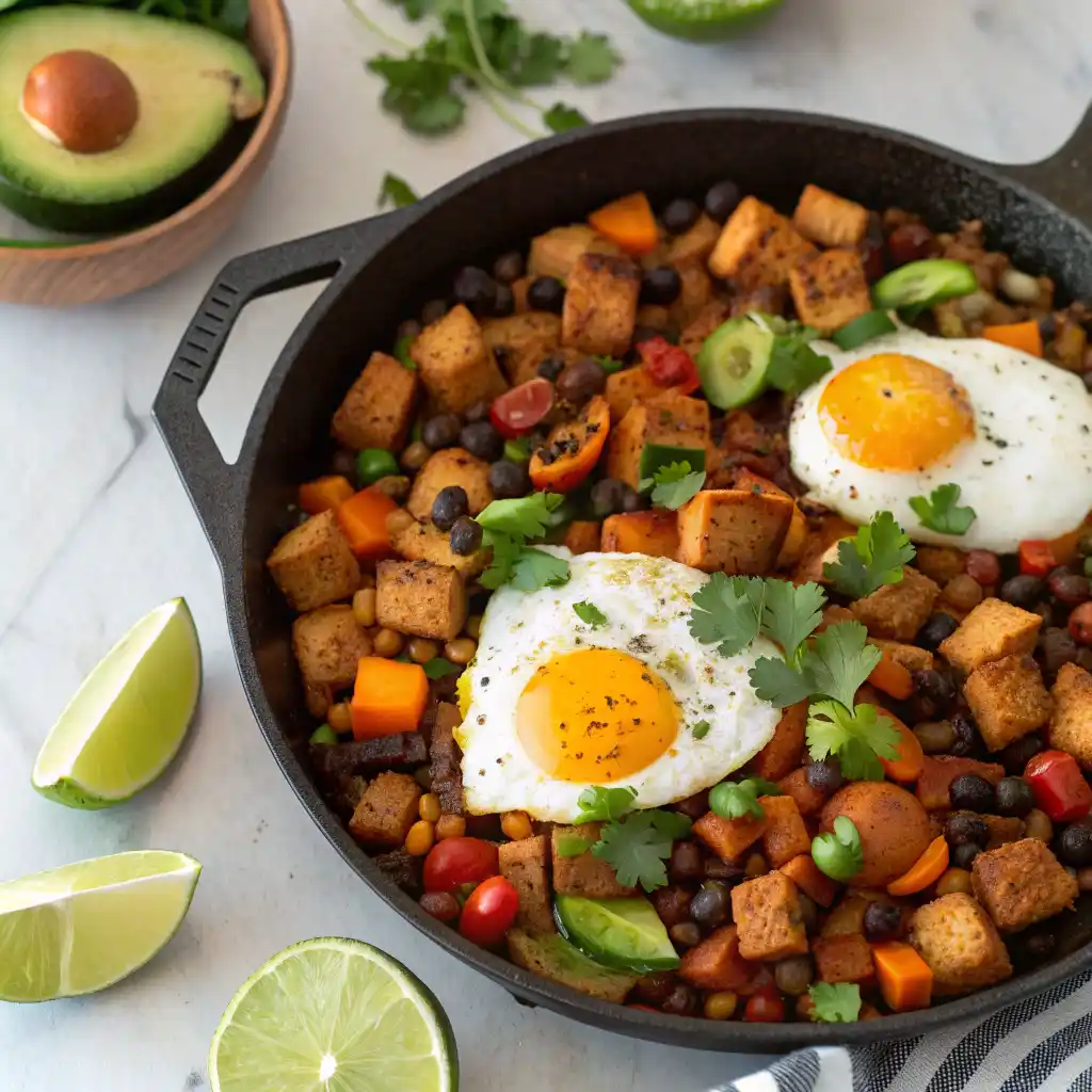 Southwest Sweet Potato Breakfast Hash with sunny-side-up eggs, black beans, peppers and avocado in cast iron skillet