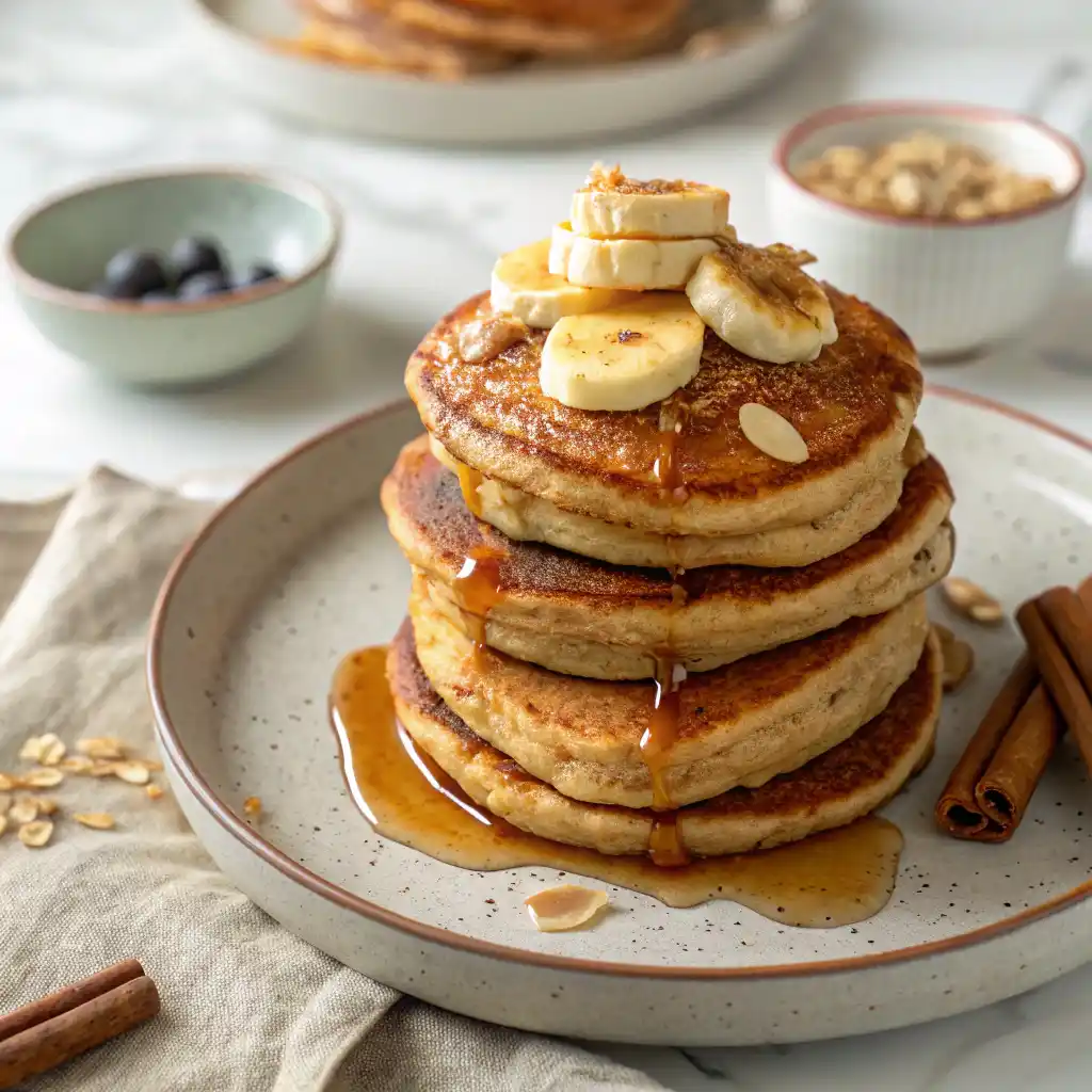 Fluffy almond flour banana pancakes stacked high with maple syrup drizzle and fresh berries on rustic plate