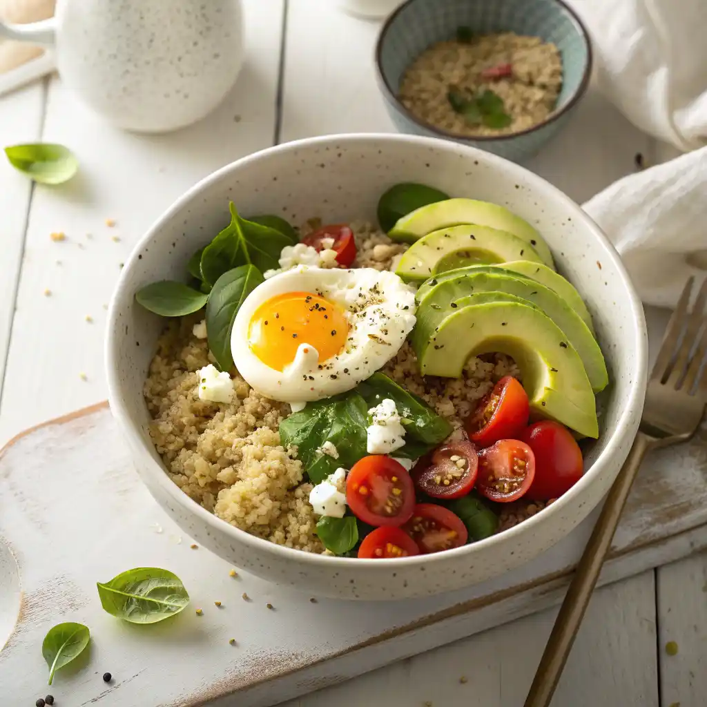 Savory quinoa breakfast bowl with egg, spinach, tomatoes and avocado in white bowl