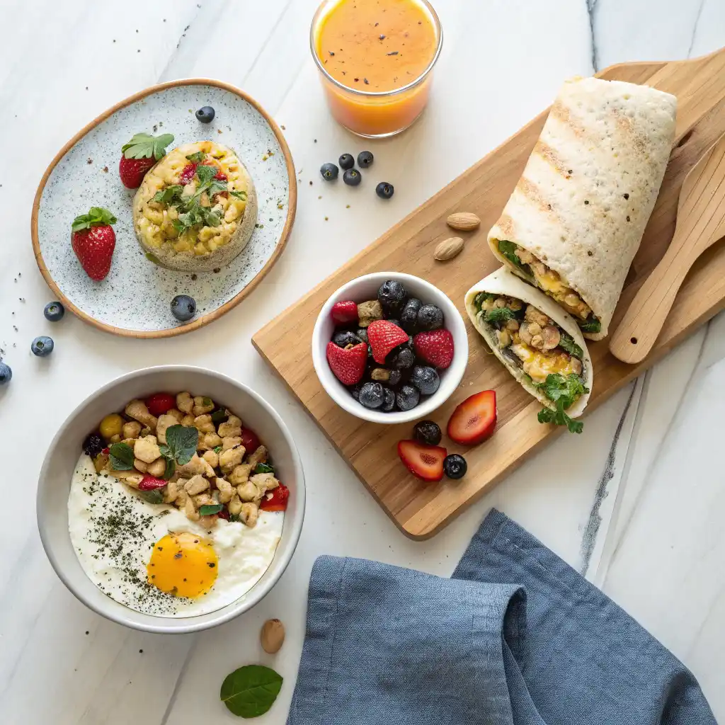 High-protein breakfast recipes featuring egg scramble with vegetables, Greek yogurt bowl with berries, and make-ahead breakfast burrito on wooden table