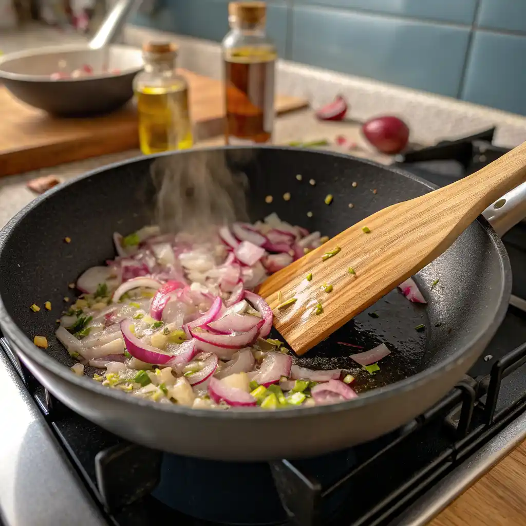 Close up of chopped red onions sautéing in olive oil in a non-stick skillet with wooden spatula, steam rising from the pan