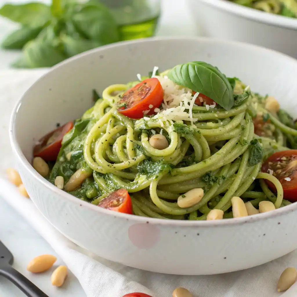 Fresh zucchini noodle pesto pasta served in white ceramic bowl with vibrant green basil pesto, spiralized zucchini noodles, toasted pine nuts, cherry tomatoes, and grated parmesan cheese on rustic wooden table