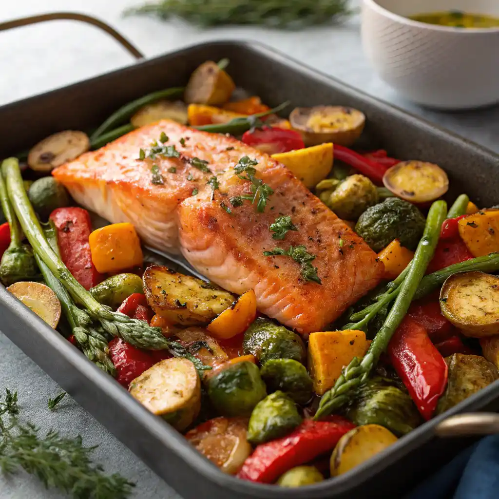 Sheet pan salmon and vegetables recipe with golden roasted salmon fillets, caramelized Brussels sprouts, sweet potatoes, bell peppers and asparagus on parchment lined baking sheet