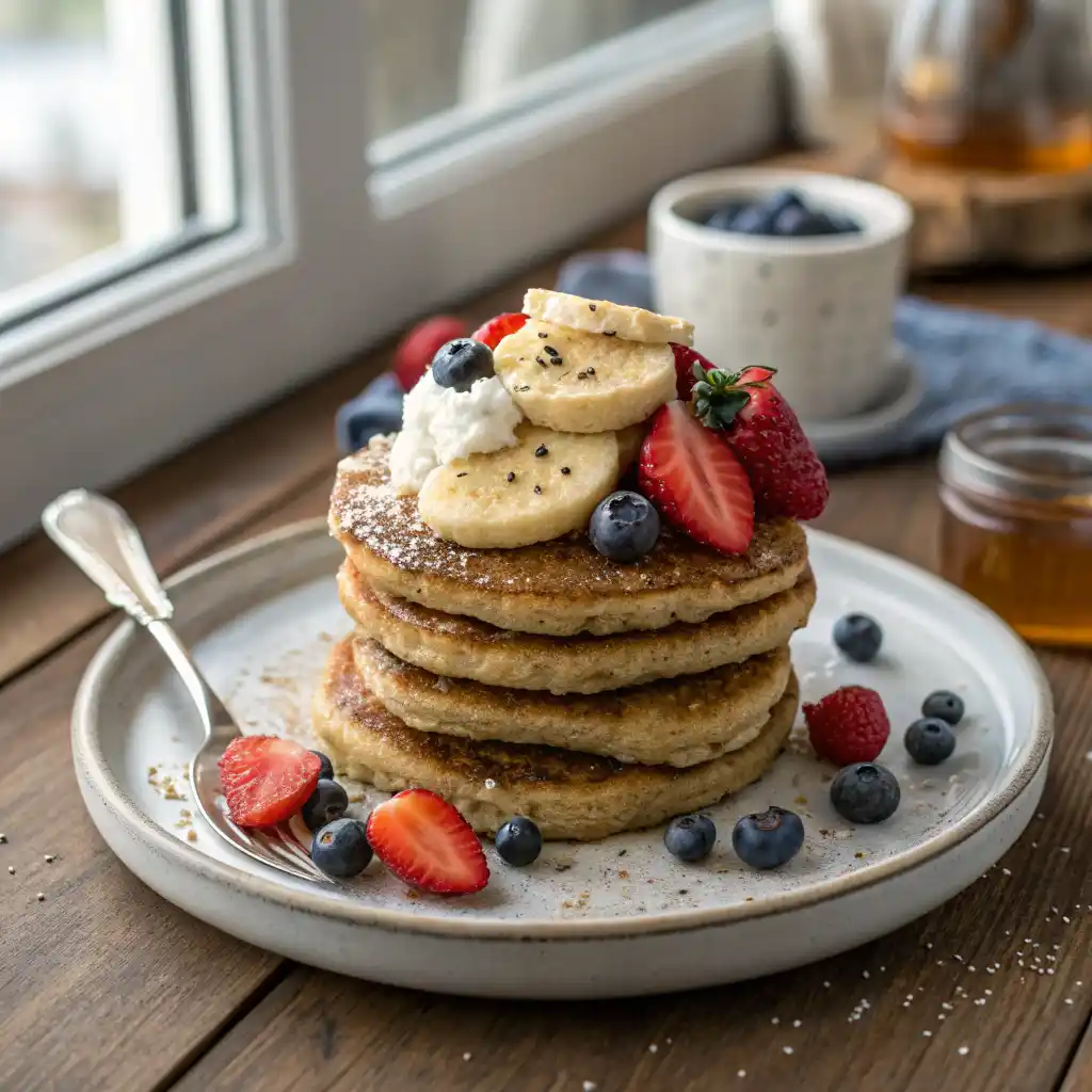 Healthy whole wheat pancakes stacked high on white plate topped with fresh blueberries, strawberries, banana slices, Greek yogurt dollop, honey drizzle and chia seeds on wooden table with morning light