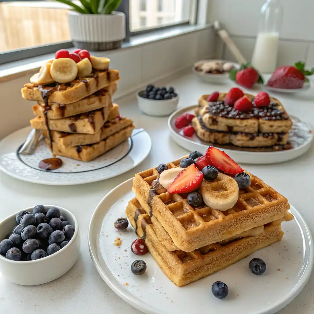 Three stacks of healthy waffles on rustic wooden table - banana oat waffles with fresh fruit, chocolate chip protein waffles with strawberries, and blueberry almond waffles with sliced almonds, all drizzled with maple syrup