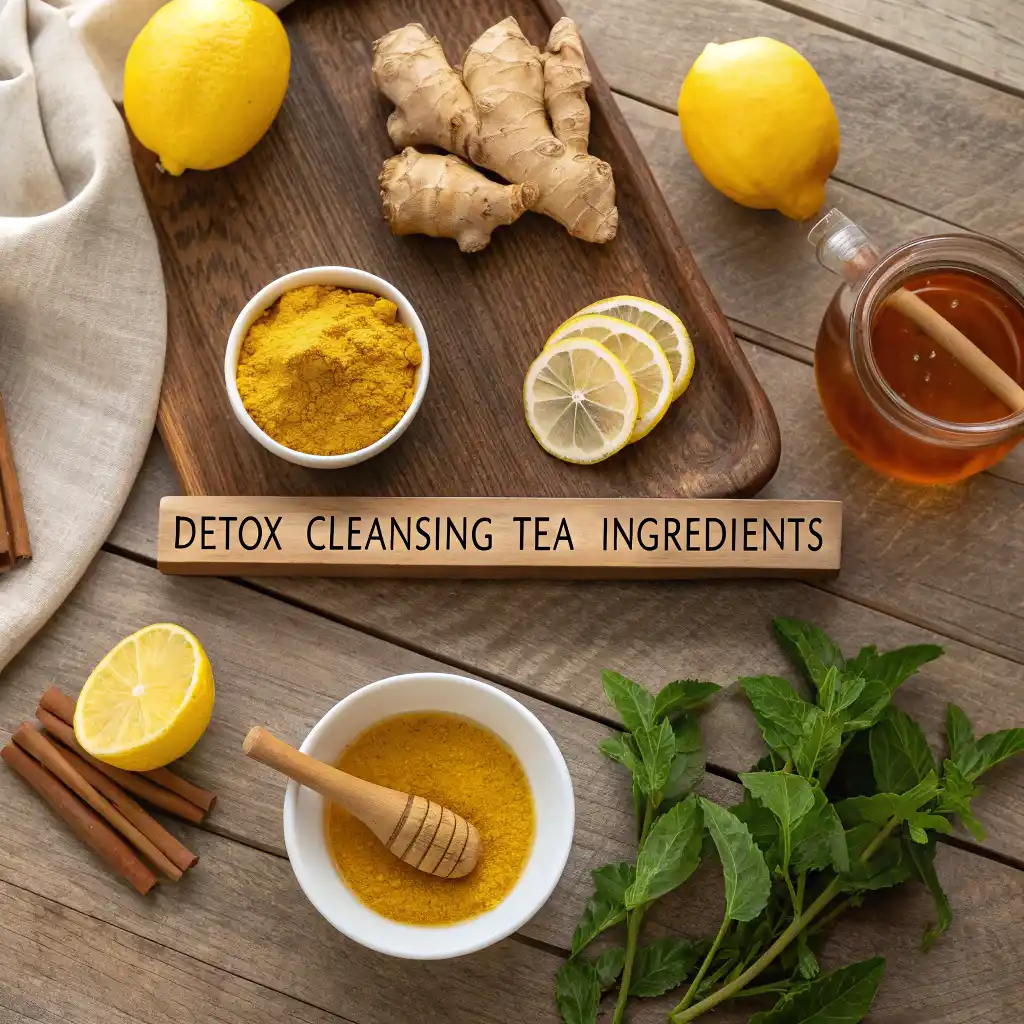 Fresh detox cleansing tea ingredients including ginger root, turmeric powder, lemon, honey, and cinnamon on wooden table
