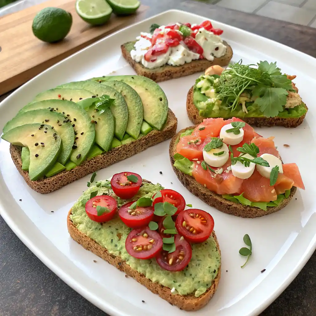 Five colorful avocado toast variations on a white plate including Mediterranean with feta and tomatoes, Everything Bagel with salmon, Spicy Mexican with jalapeños, Garden Fresh with radishes, and Sweet Savory with strawberries