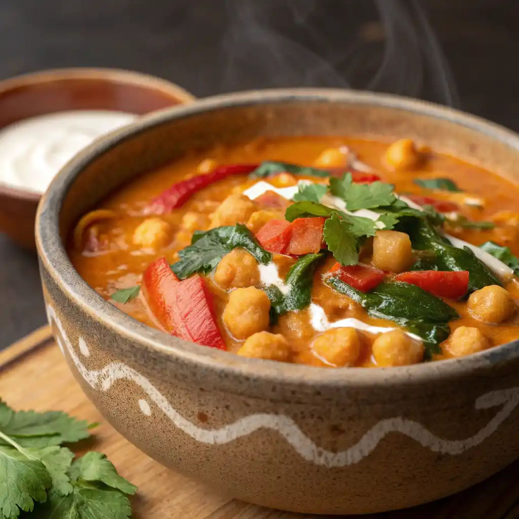 Easy vegan coconut chickpea curry in bowl with rice, fresh cilantro garnish showing simple 30-minute plant-based meal